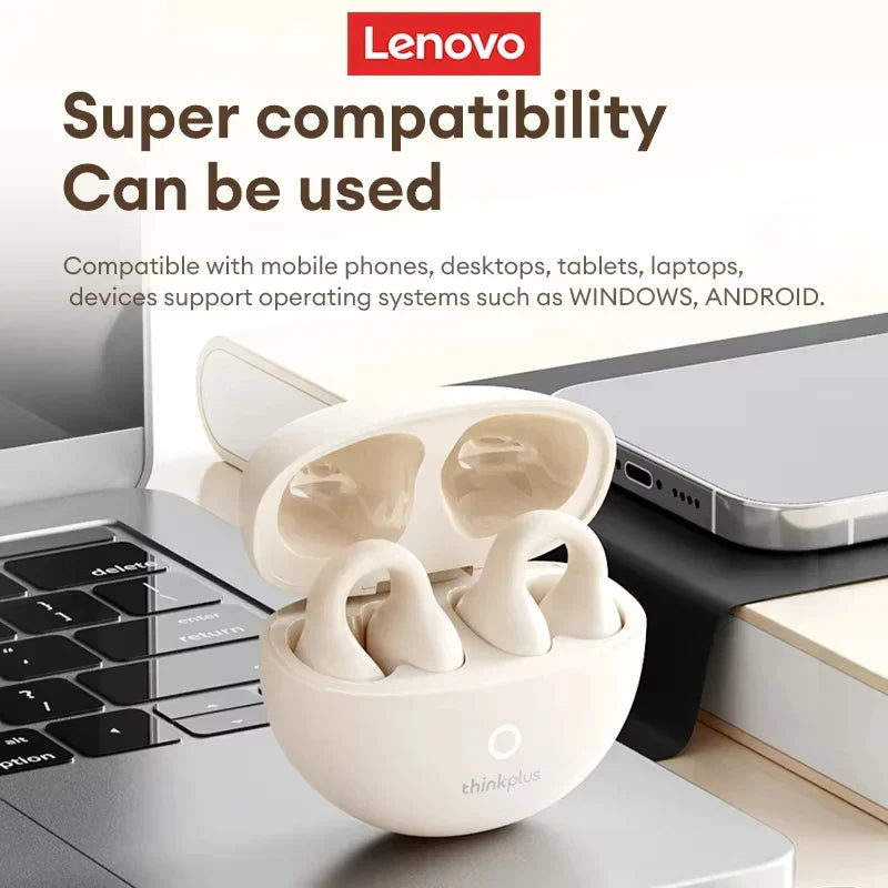 Cream-colored lenovo lp25 wireless bluetooth earbuds with enc noise reduction and headphones deep bass in charging case
