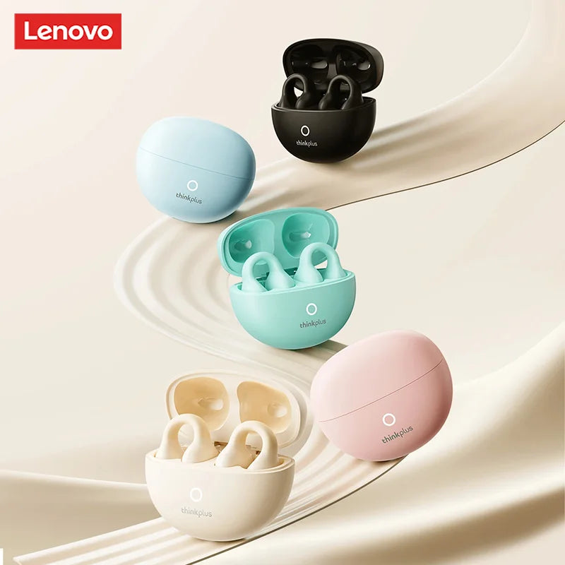 Pastel-colored lenovo lp25 wireless earbuds in rounded charging cases with enc noise reduction and headphones deep bass features