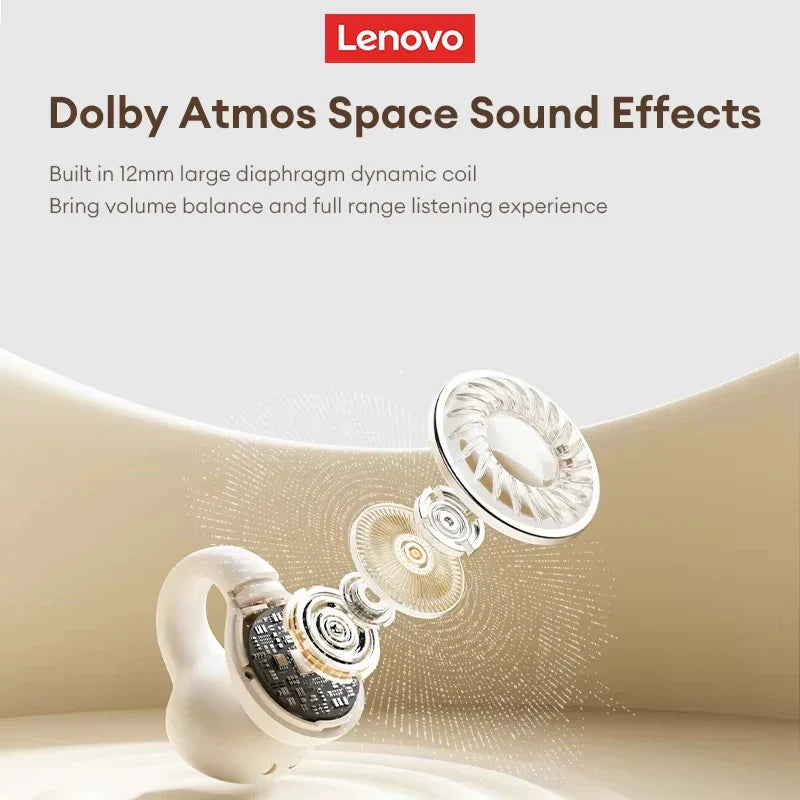 White lenovo lp25 wireless bluetooth earbuds with 12mm dynamic coils feature enc noise reduction and headphones deep bass sound