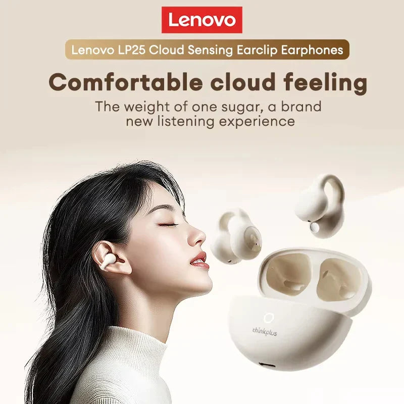 White lenovo lp25 wireless bluetooth earphones with enc noise reduction and headphones deep bass for hd calls
