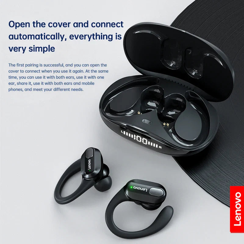 Black original lenovo xt80 sports wireless earbuds with hook design and matching charging case stereo sound bluetooth