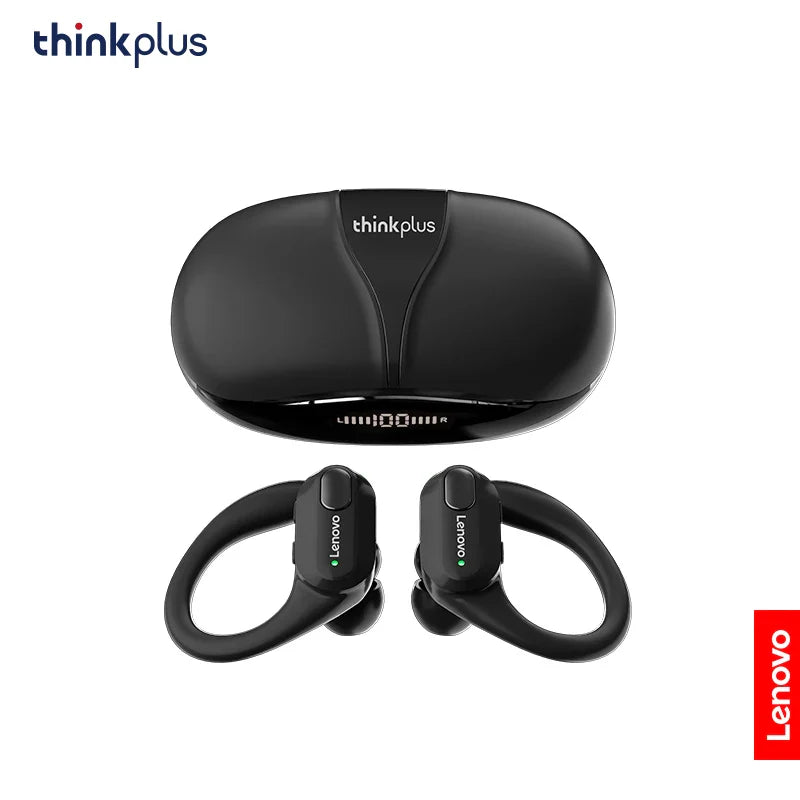 Black original lenovo xt80 sports wireless earbuds with sporty hook design and matching charging case with stereo sound bluetooth