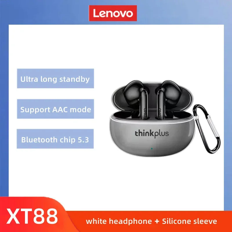 Gray original lenovo xt88 wireless bluetooth earbuds in sleek charging case with carabiner for sport waterproof headset use