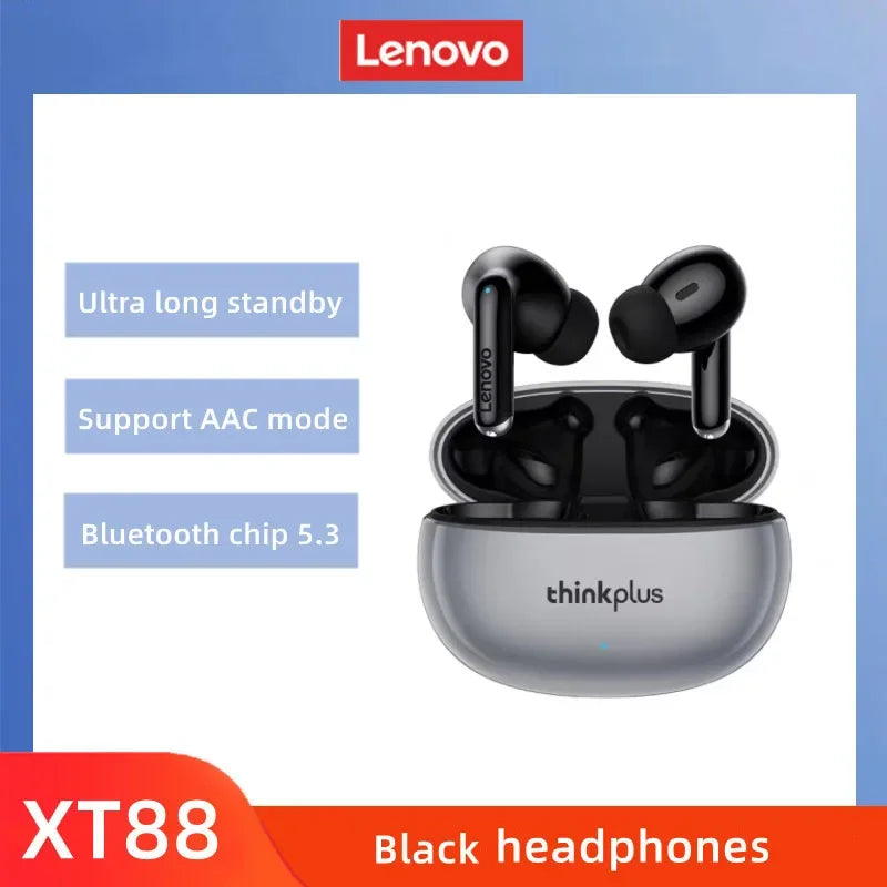 Black original lenovo xt88 wireless bluetooth earbuds in sleek silver charging case sport waterproof headset design