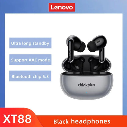 Black original lenovo xt88 wireless bluetooth earbuds in sleek silver charging case sport waterproof headset design