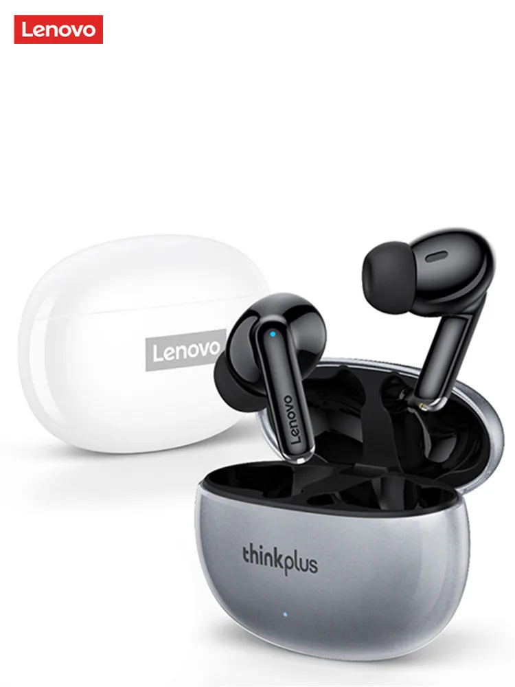 Black original lenovo xt88 wireless bluetooth sport waterproof headset earbuds in a sleek silver-gray charging case with logo