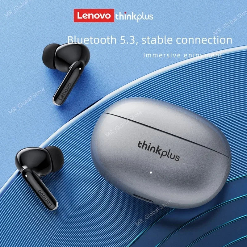 Original lenovo xt88 silver metallic wireless bluetooth earbuds with black silicone tips and matching charging case sport waterproof headset