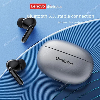 Original lenovo xt88 silver metallic wireless bluetooth earbuds with black silicone tips and matching charging case sport waterproof headset