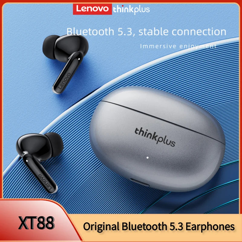 Silver metallic original lenovo xt88 wireless bluetooth earbuds with black silicone tips and sport waterproof headset case