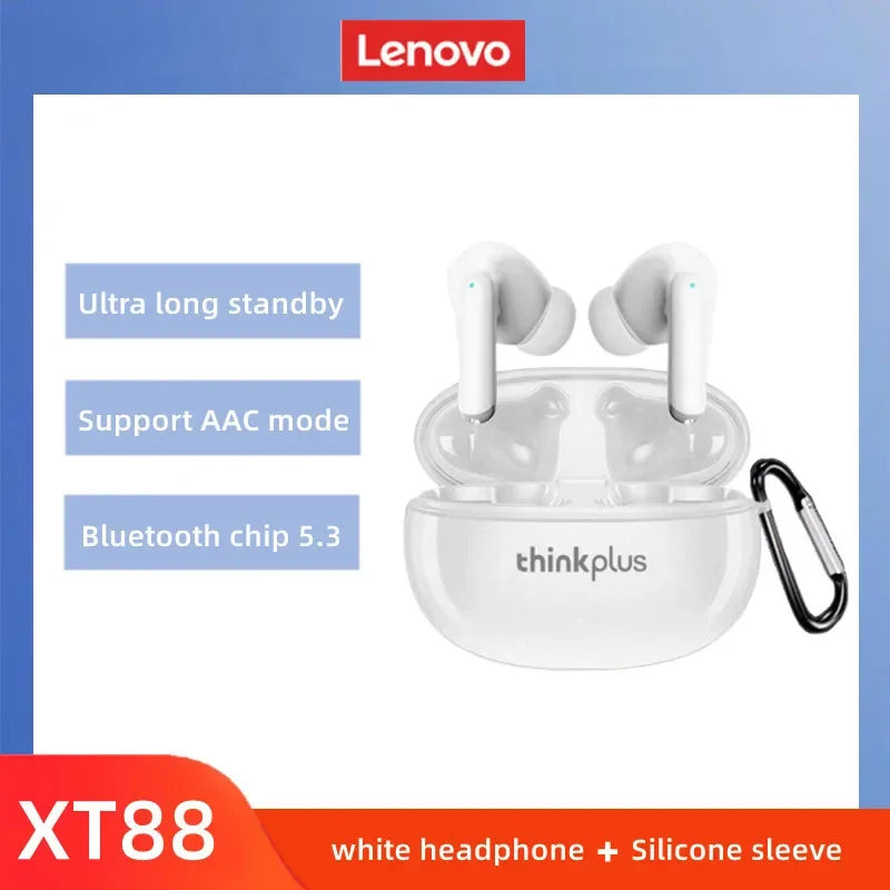 Original lenovo xt88 white wireless bluetooth earbuds with microphone in white charging case and black carabiner clip sport waterproof headset