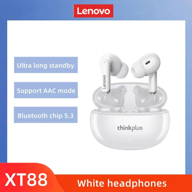 White original lenovo xt88 wireless bluetooth earbuds in a matching charging case sport waterproof headset for music