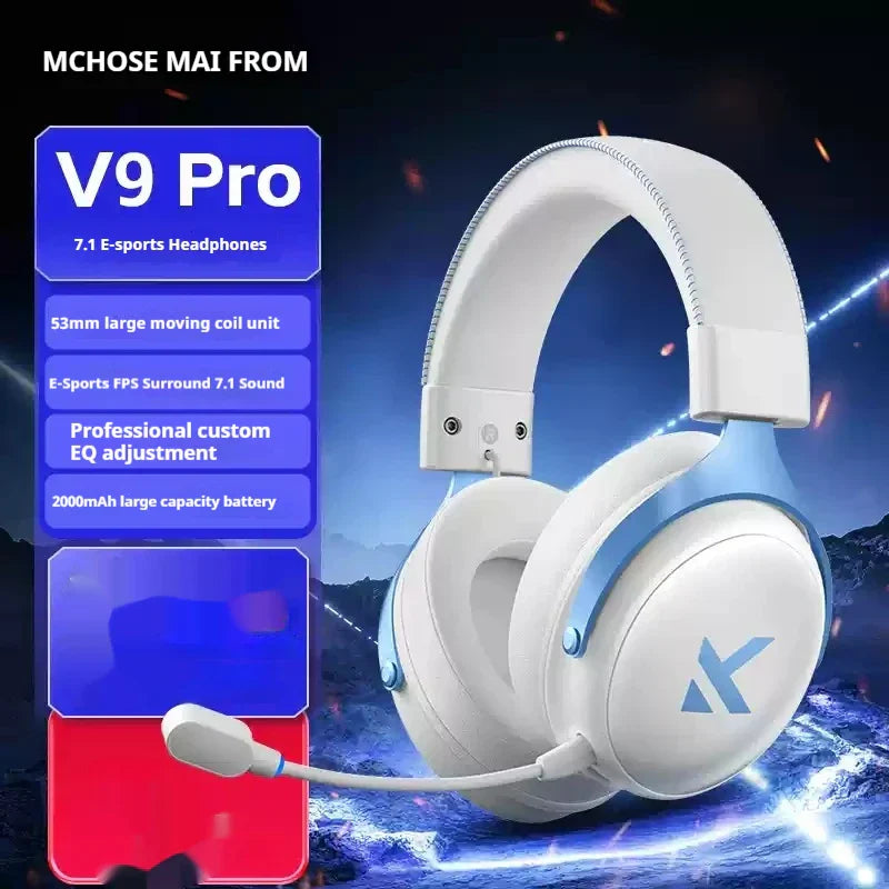 White and light blue mchose v9 pro customized gaming esports earphones with padded earcups and adjustable headband for comfort
