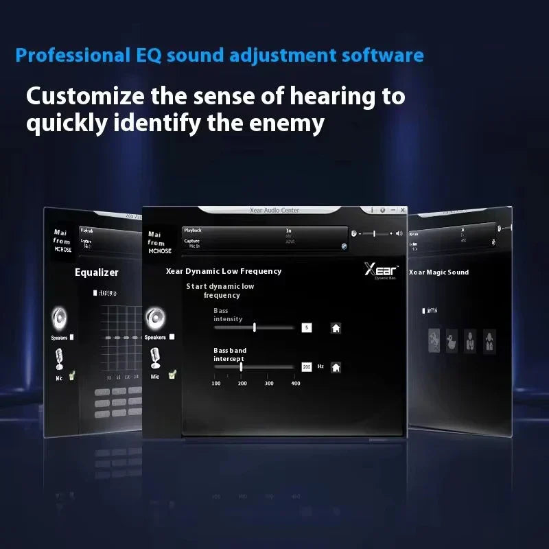 Black xear audio center software interface showing professional eq sound tools for mchose v9 pro esports earphones