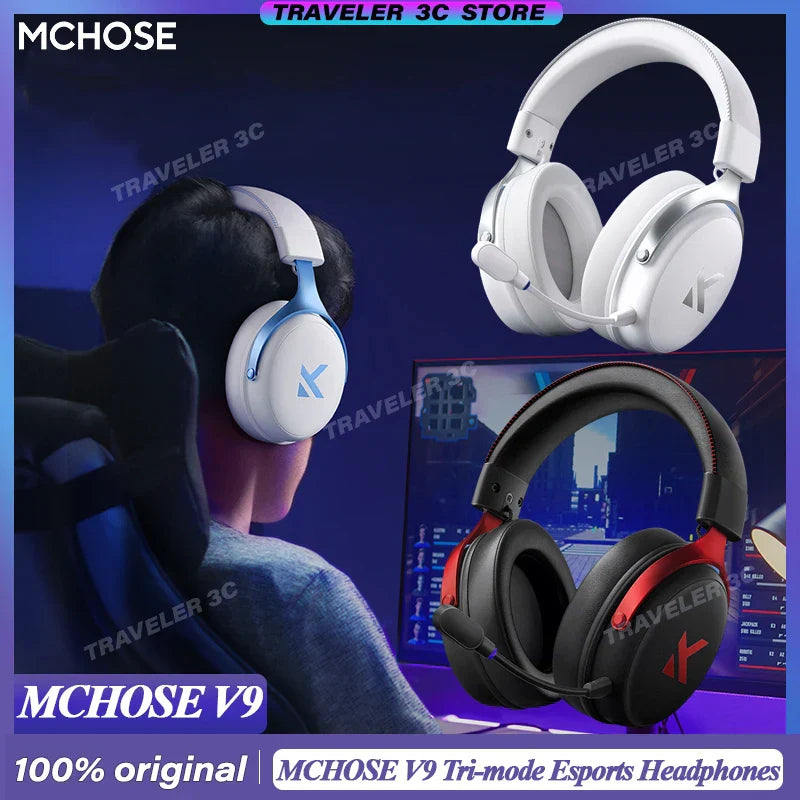 White and blue mchose v9 pro customized gaming esports earphones with sleek over-ear design and adjustable headband