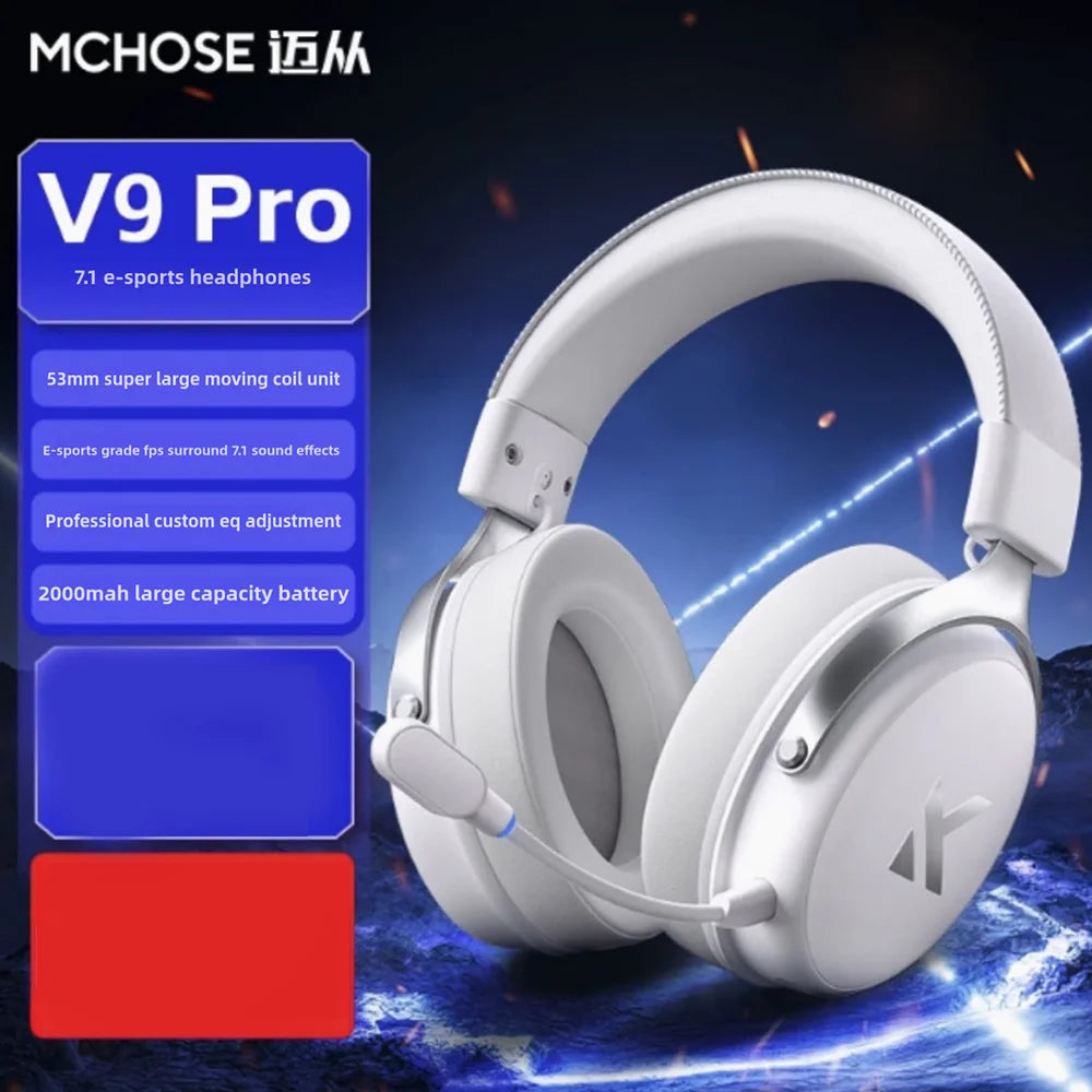 White mchose v9 pro pro customized gaming headphones with silver accents and active noise reduction for esports use