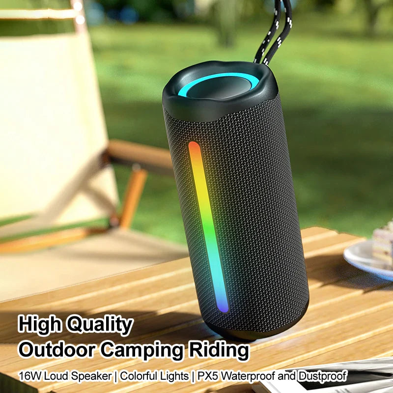 Black cylindrical portable outdoor subwoofer speaker with textured mesh, colorful led light, and super bass wireless bluetooth