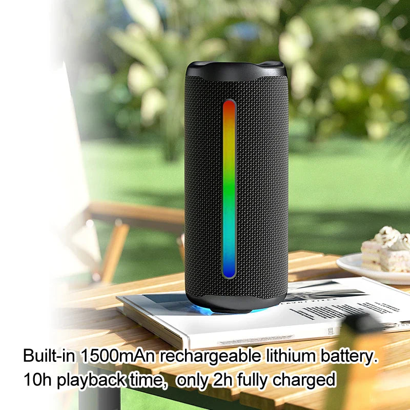 Black cylindrical portable ebs-613 super bass wireless speaker with textured fabric and colorful led light strip