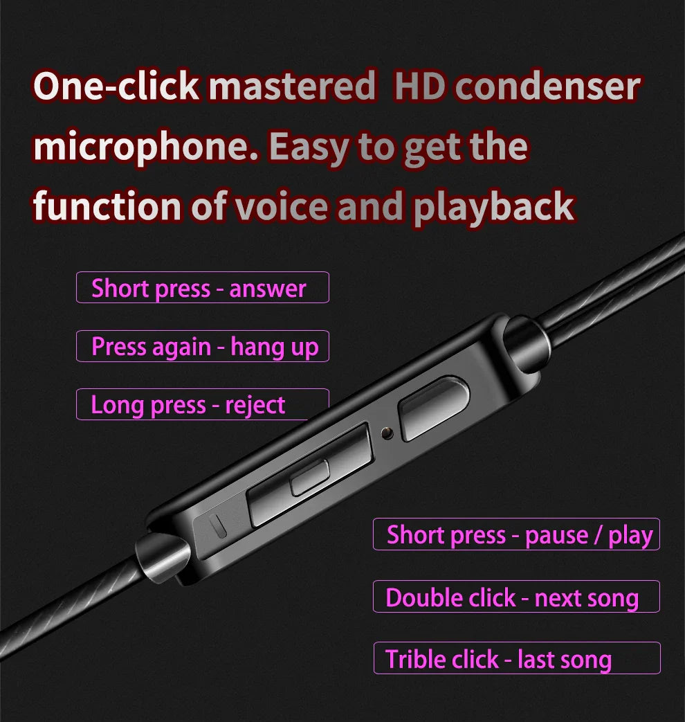 Black plastic inline control module with silver accents and tactile buttons for original qkz ak6 wired sports music earbuds with mic copper driver