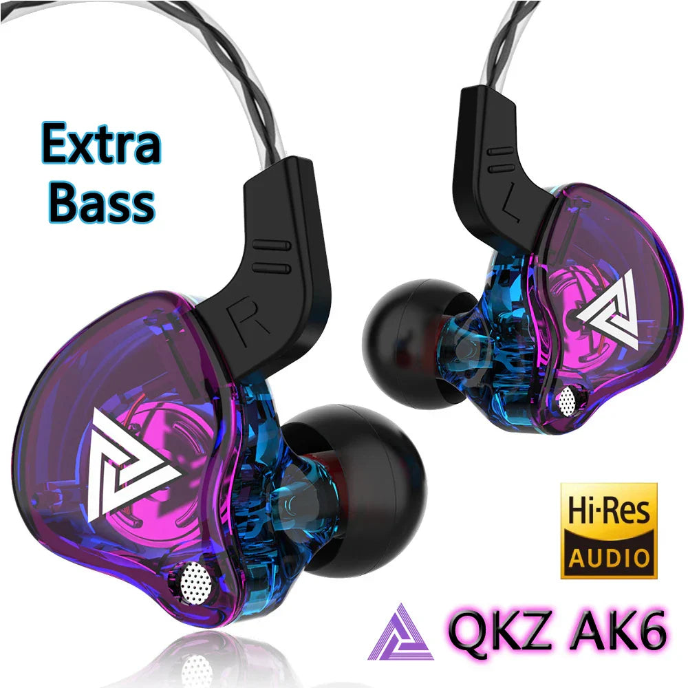 Purple and blue translucent original qkz ak6 in-ear monitors with mic copper driver and black ear hooks for wired sports music