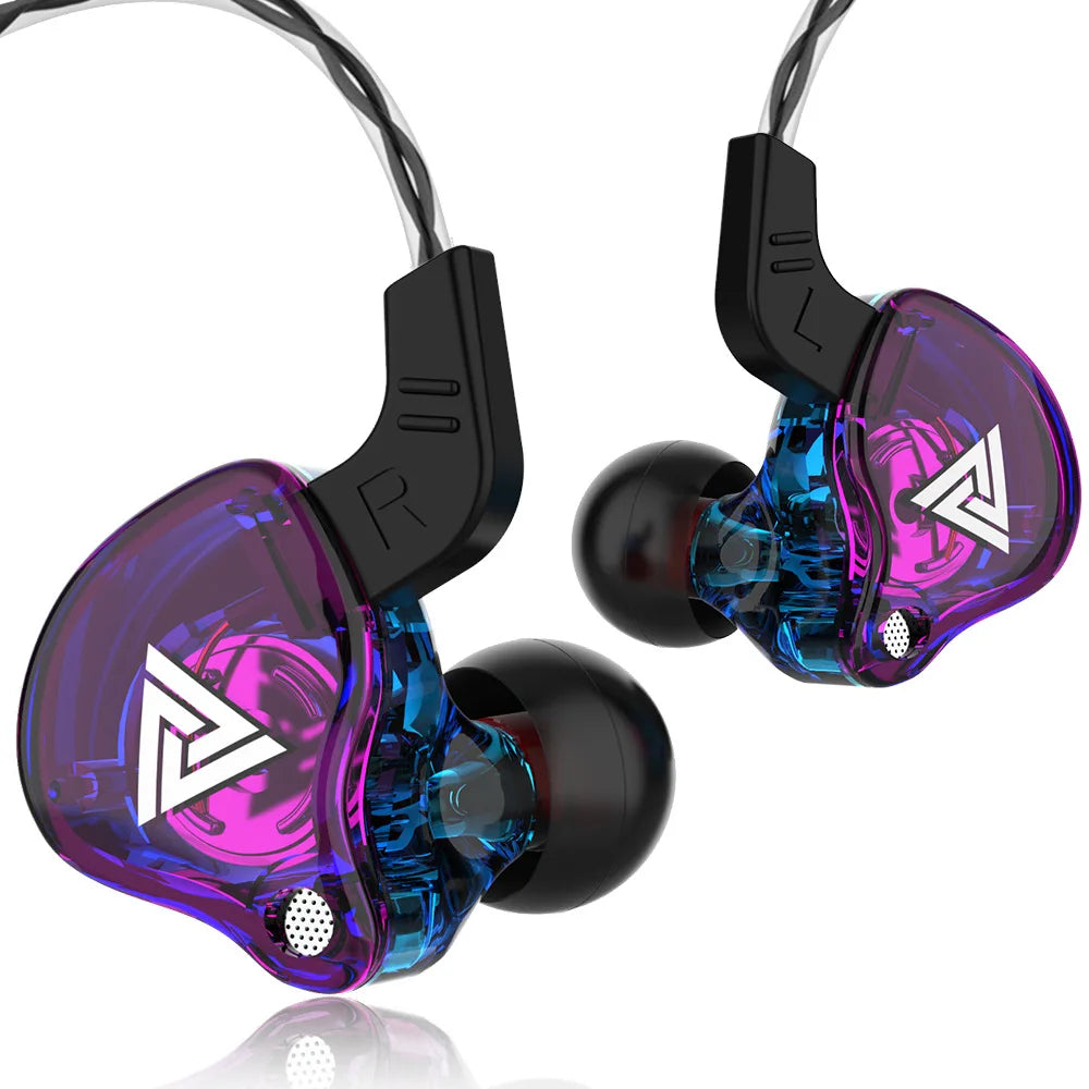 Purple and blue translucent original qkz ak6 in-ear wired sports music earphones with mic copper driver and black ear hooks