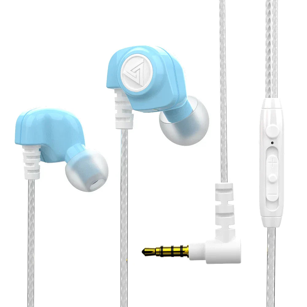 Light blue original qkz sk5 in-ear headphones with plastic design and white accents featuring mic noise reduction for game music sports