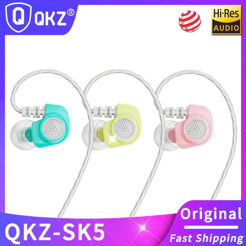 Original QKZ SK5 wired in-circuit earphones with mic noise reduction and translucent teal yellow pink silicone tips for game music sports fashion design