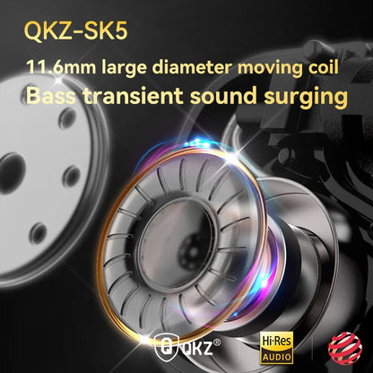 Original QKZ SK5 wired earphones with 11.6mm driver metallic silver gold accents mic noise reduction for game music sports fashion design