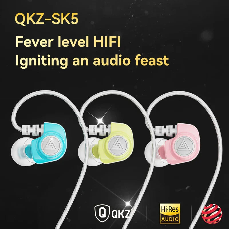Original QKZ SK5 wired in-ear earphones in cyan lime green and pink with mic noise reduction for game music sports design