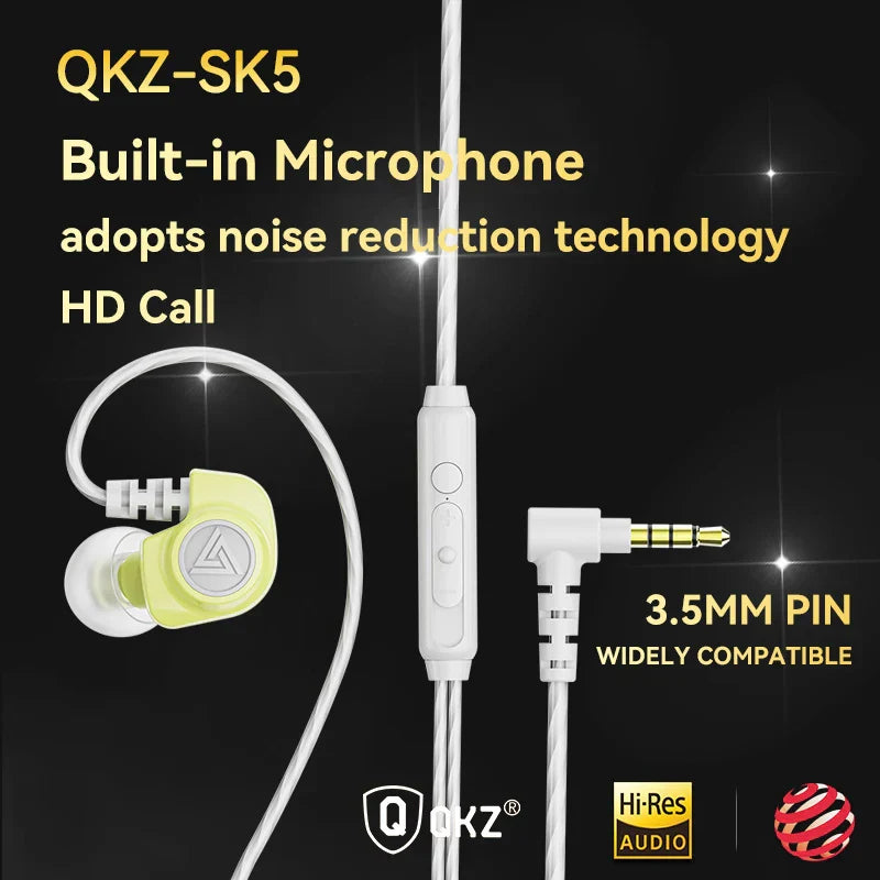 White and lime green qkz sk5 in-ear wired earphones with mic noise reduction for game music sports and sports fashion design