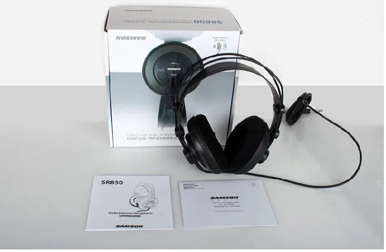 Original Samson SR850 black professional monitoring headset with velour padded earcups and coiled cable for recording karaoke game