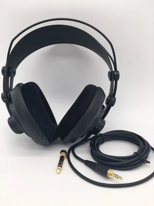 Original Samson SR850 black over-ear monitoring headset velour earcup with coiled gold-plated cable for recording karaoke game