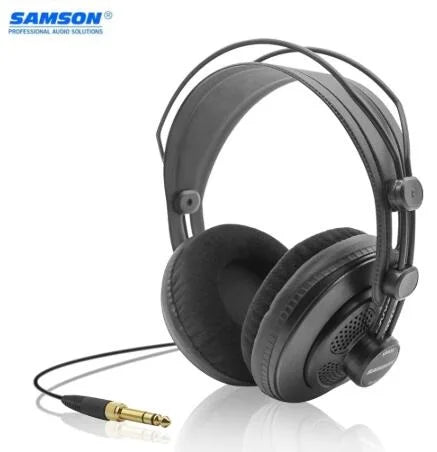 Black original samson sr850 monitoring headset velour earcup with padded earcups and coiled cable for recording karaoke game