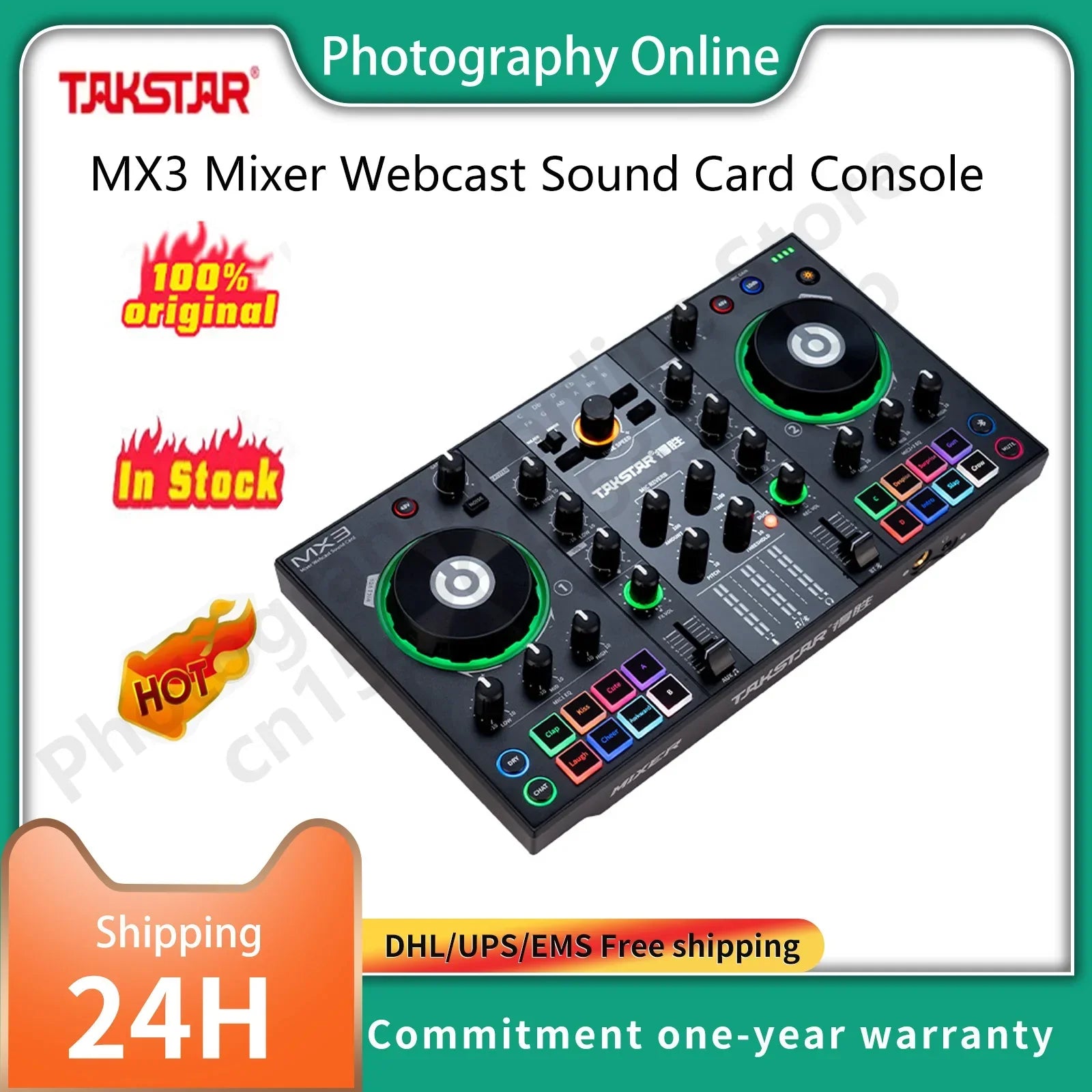 Original takstar mx3 black mixing console with green-accented jog wheels for karaoke webcast recording live streaming podcast