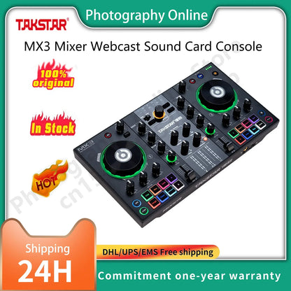 Original takstar mx3 black mixing console with green-accented jog wheels for karaoke webcast recording live streaming podcast