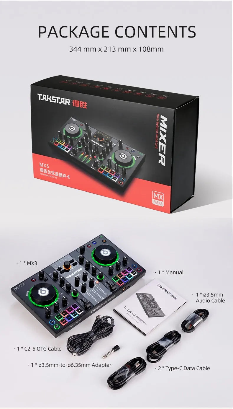 Black original takstar mx3 mixing console with green illuminated knobs and colorful buttons for karaoke webcast recording