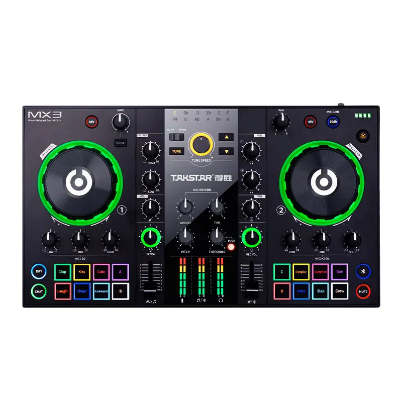 Black original takstar mx3 dj controller with glowing green jog wheels and colorful buttons for karaoke webcast recording and mixing console podcast use