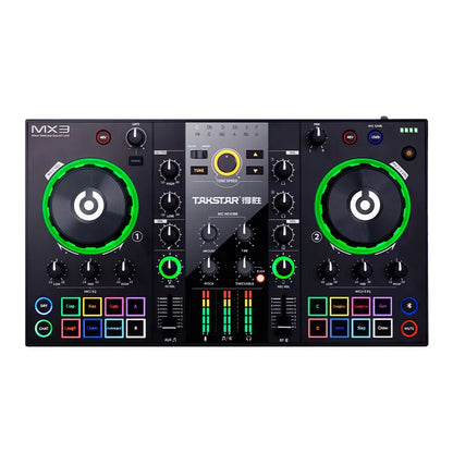 Black original takstar mx3 dj controller with glowing green jog wheels and colorful buttons for karaoke webcast recording and mixing console podcast use