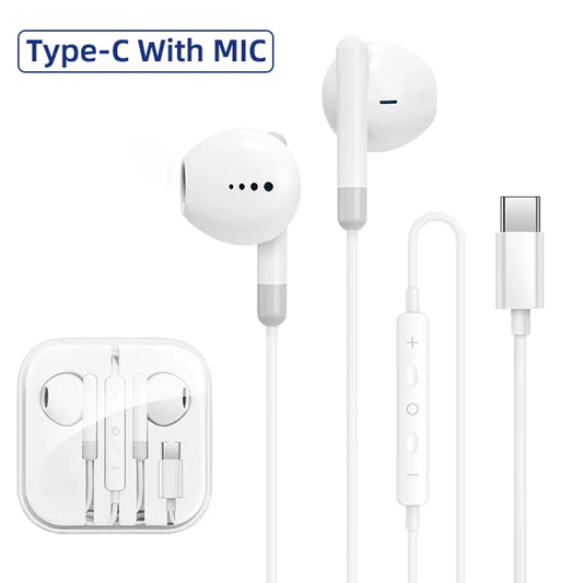 White in-ear type c wired headphones with mic dac chip for samsung galaxy s23 ultra s20 note with control module