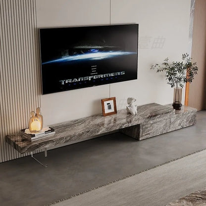 Modern gray marble organizer tv stand with sleek metal legs and integrated drawers for luxury floor home accessories