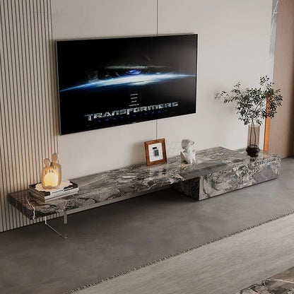 Modern gray marble organizer tv stand with sleek metal legs and minimalist design for luxury floor use