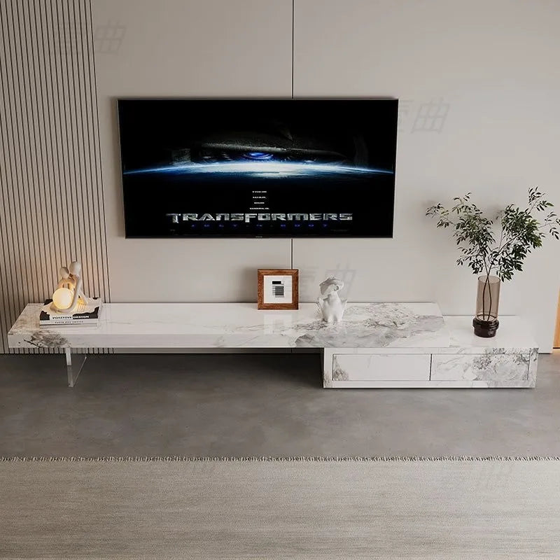Modern white marble-patterned ornament organizer tv stand with glass legs and two drawers for stand luxury floor use