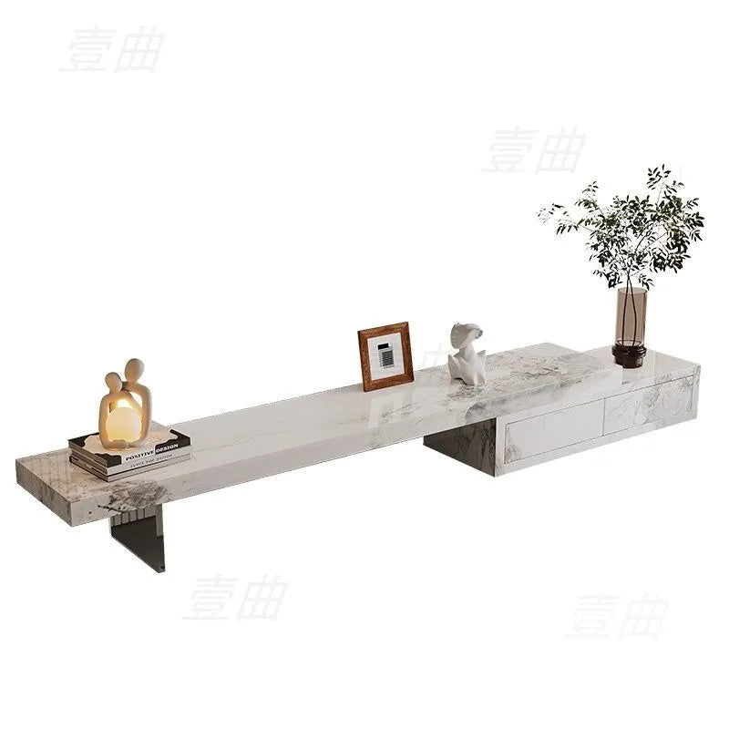Modern white marble-effect organizer tv stand with sleek minimalist design and integrated drawers for luxury floor use