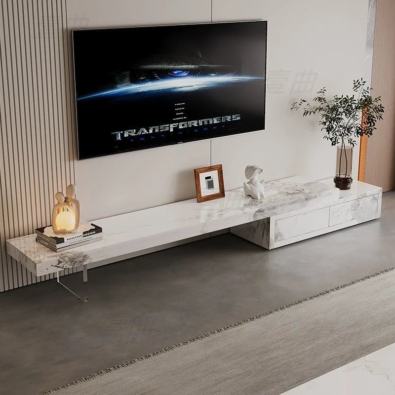 White marble-effect organizer tv stand with sleek minimalist design and integrated drawers for luxury floor use