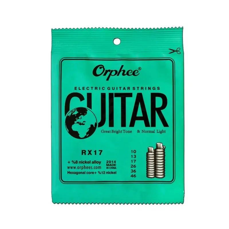 Teal-colored orphée rx17 electric guitar strings package with nickel alloy super and tension musical instruments features