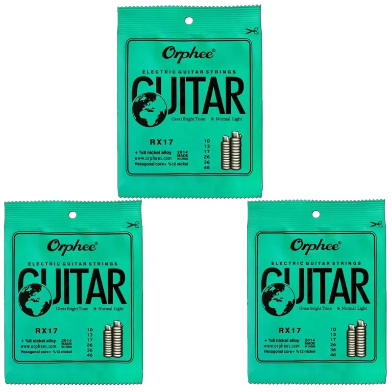 Three packs of orphee rx17 electric guitar strings in teal nickel alloy super light tension musical instruments accessories packaging