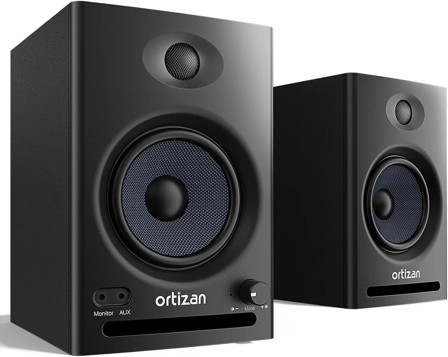 Black ortizan audio bookshelf active studio monitor speakers with matte finish blue mesh drivers usb dac hifi trs balanced input