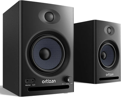 Black ortizan audio bookshelf active studio monitor speakers with matte finish blue mesh drivers usb dac hifi trs balanced input