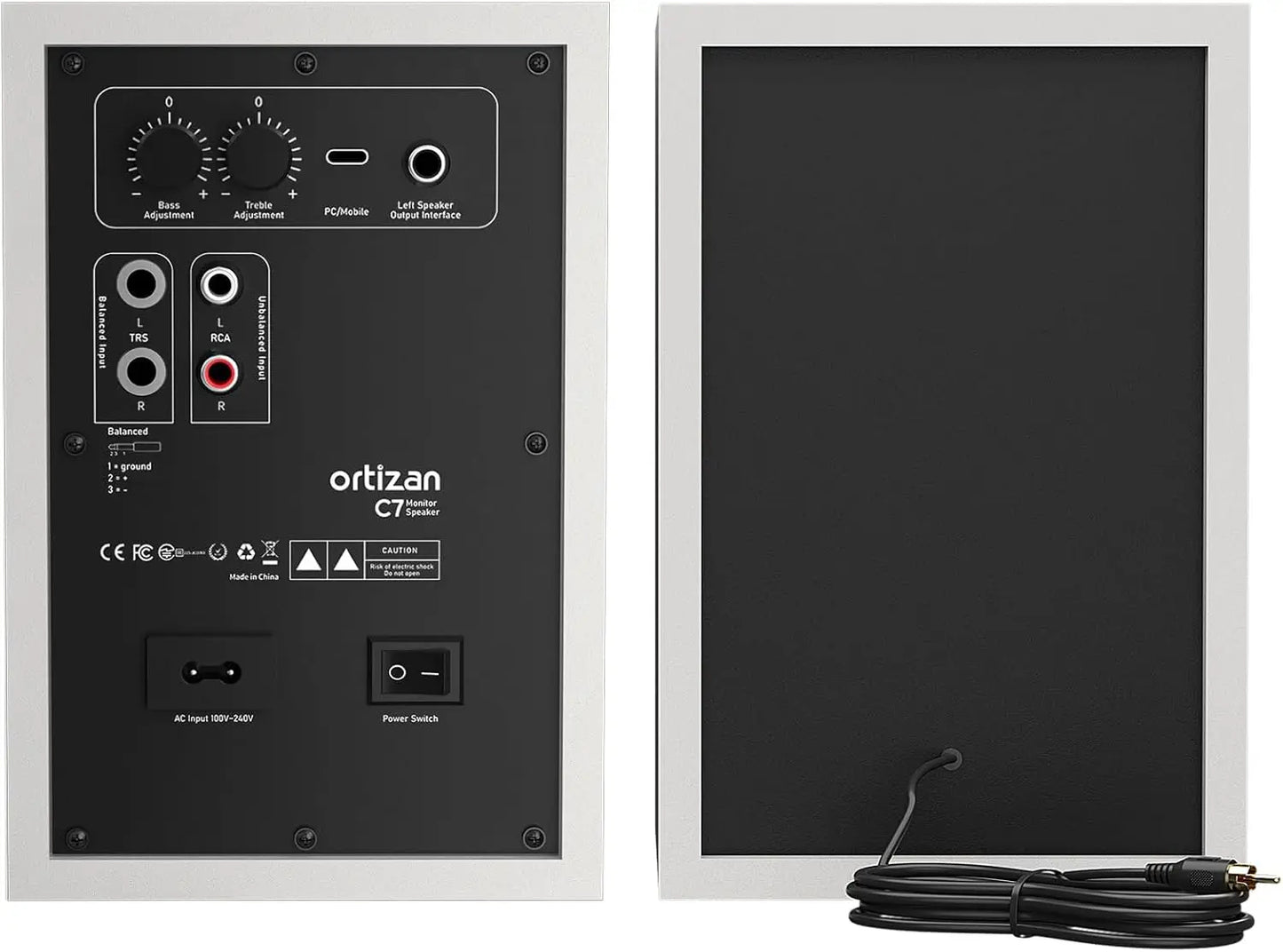 Back view of white-framed ortizan audio bookshelf active speaker with black panel featuring usb dac hifi and trs balanced input