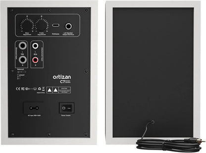 Back view of white-framed ortizan audio bookshelf active speaker with black panel featuring usb dac hifi and trs balanced input