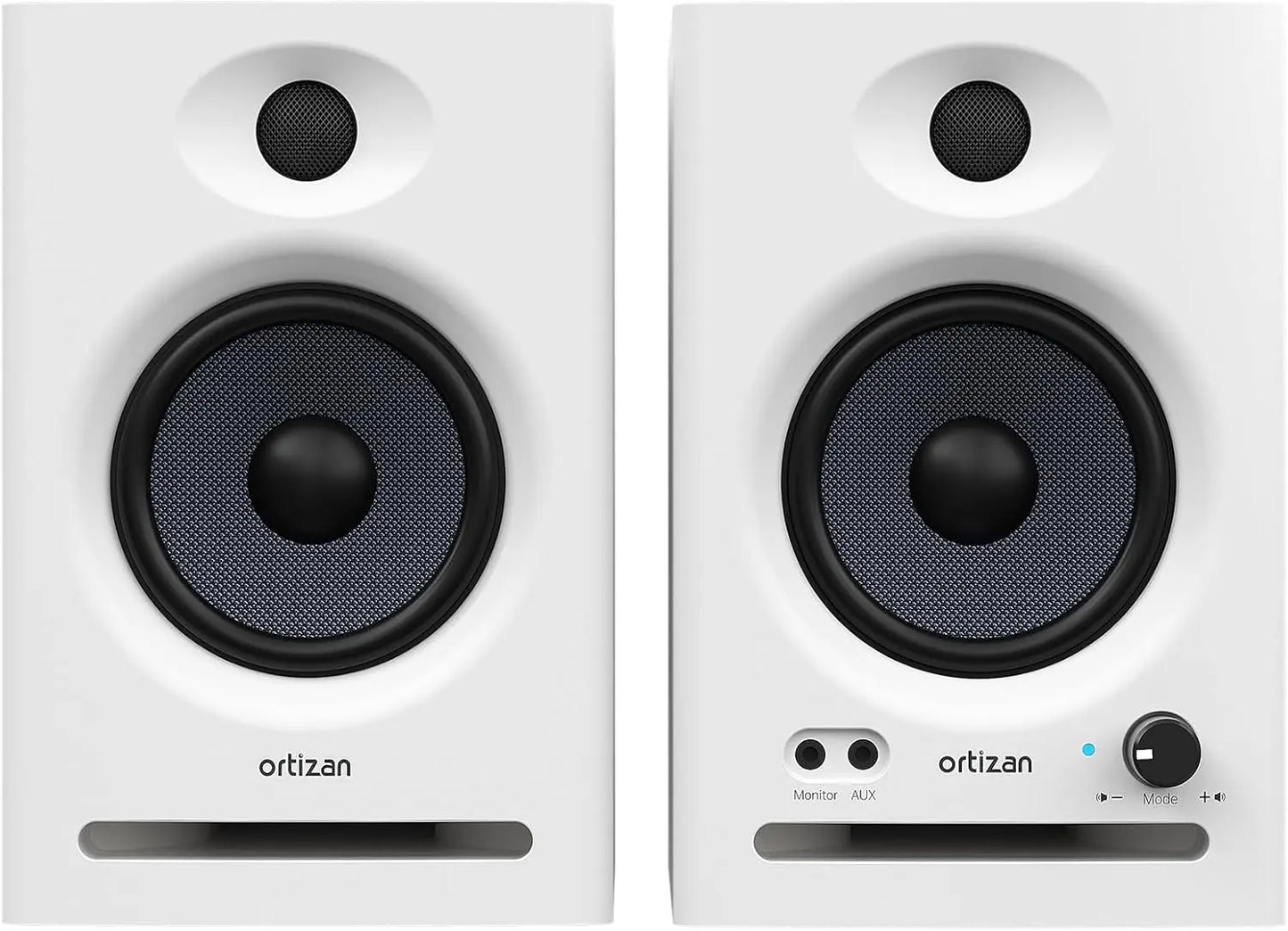 Pair of white ortizan audio bookshelf active studio monitors with black drivers usb dac hifi and trs balanced input